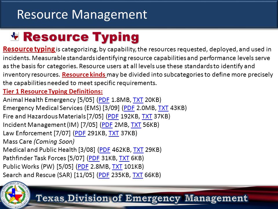 Resource Management Resource Typing Resource Typing Resource typing is categorizing, by capability, the resources requested, deployed, and used in incidents.