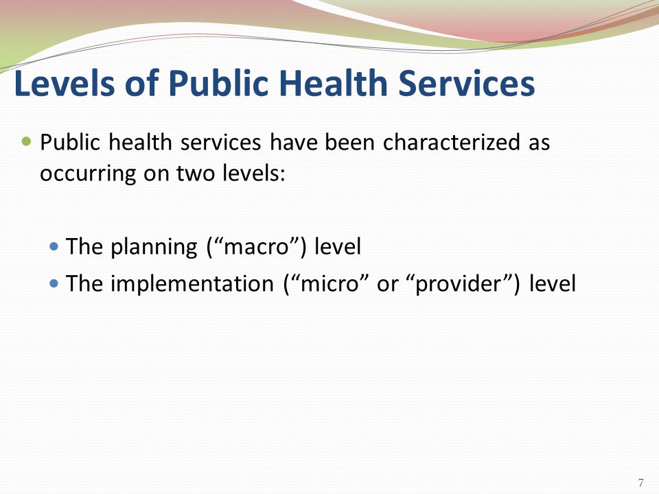 Levels of Public Health Services Public health services have been characterized as occurring on two levels: The planning ( macro ) level The implementation ( micro or provider ) level 7