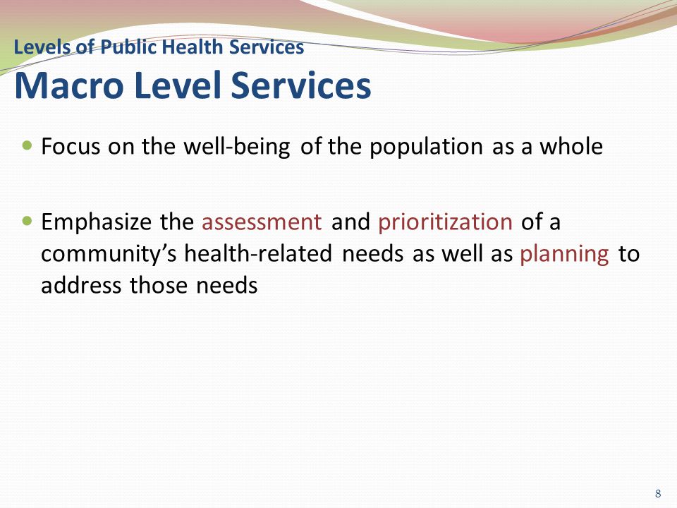 Levels of Public Health Services Macro Level Services Focus on the well-being of the population as a whole Emphasize the assessment and prioritization of a community’s health-related needs as well as planning to address those needs 8