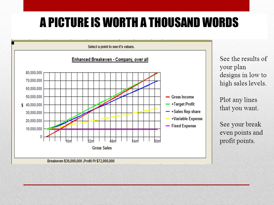 A PICTURE IS WORTH A THOUSAND WORDS See the results of your plan designs in low to high sales levels.