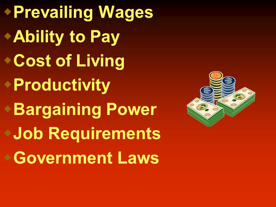  Prevailing Wages  Ability to Pay  Cost of Living  Productivity  Bargaining Power  Job Requirements  Government Laws