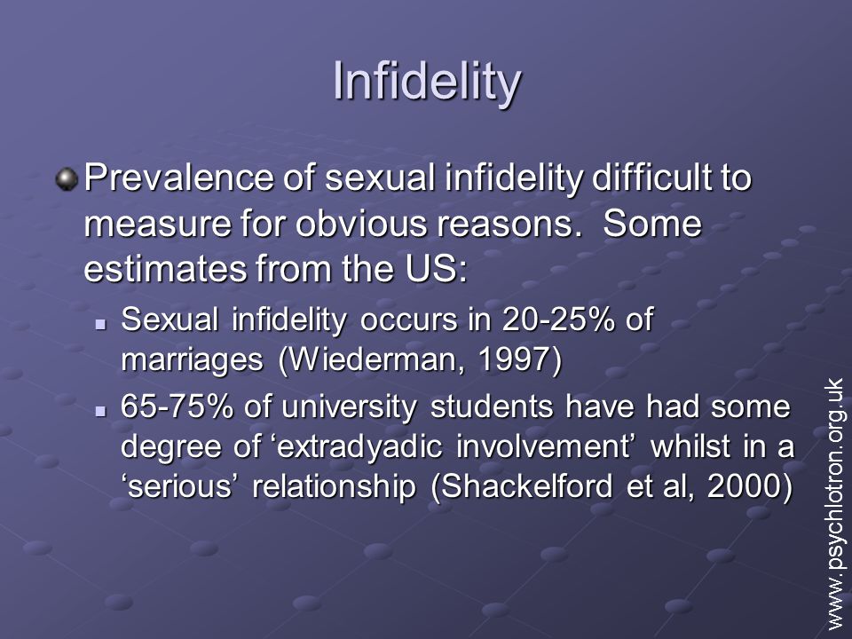Infidelity Prevalence of sexual infidelity difficult to measure for obvious reasons.