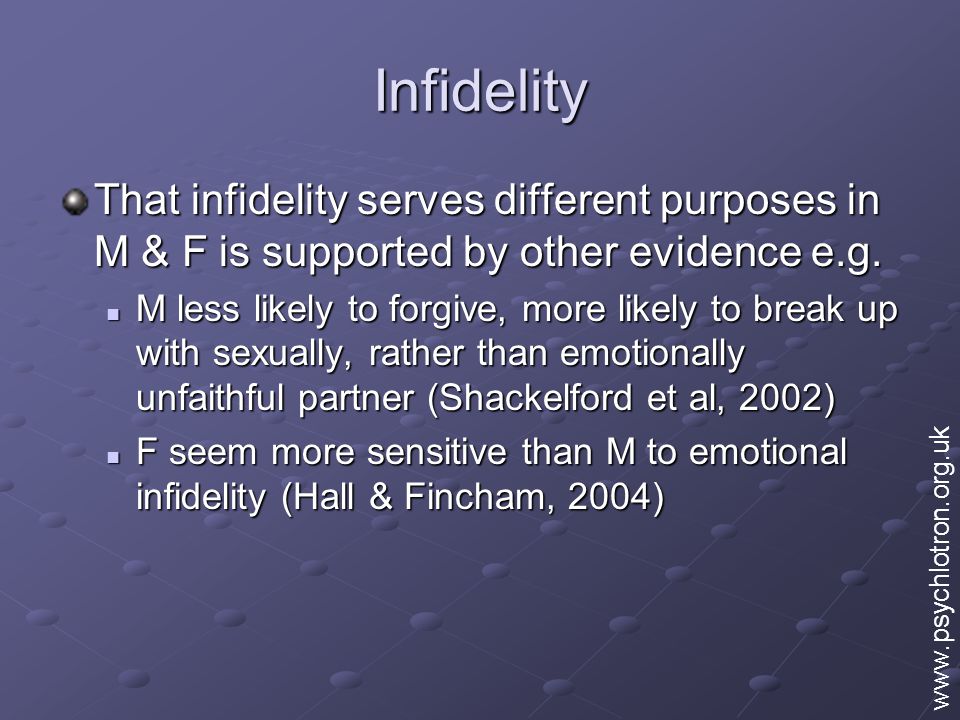 Infidelity That infidelity serves different purposes in M & F is supported by other evidence e.g.