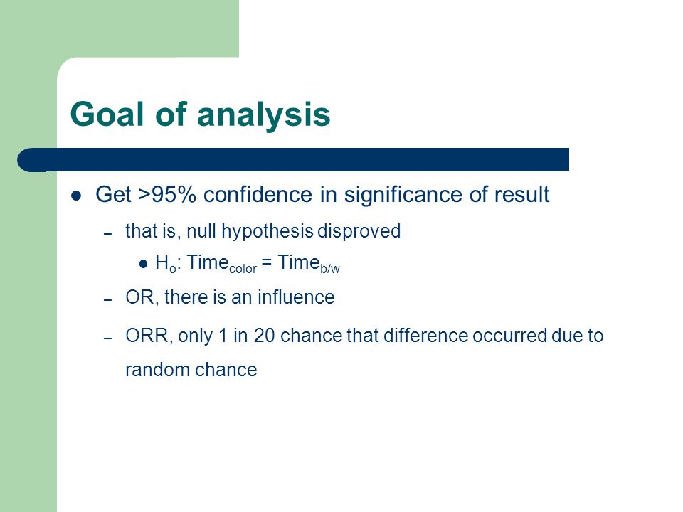 Goal of analysis Get >95% confidence in significance of result – that is, null hypothesis disproved H o : Time color = Time b/w – OR, there is an influence – ORR, only 1 in 20 chance that difference occurred due to random chance