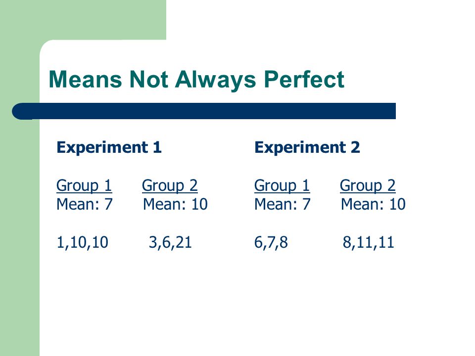 Means Not Always Perfect Experiment 1 Group 1 Group 2 Mean: 7 Mean: 10 1,10,10 3,6,21 Experiment 2 Group 1 Group 2 Mean: 7 Mean: 10 6,7,8 8,11,11