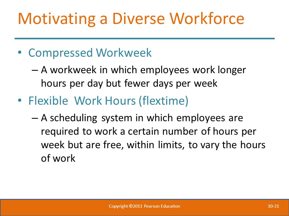 10-21 Motivating a Diverse Workforce Compressed Workweek – A workweek in which employees work longer hours per day but fewer days per week Flexible Work Hours (flextime) – A scheduling system in which employees are required to work a certain number of hours per week but are free, within limits, to vary the hours of work Copyright ©2011 Pearson Education