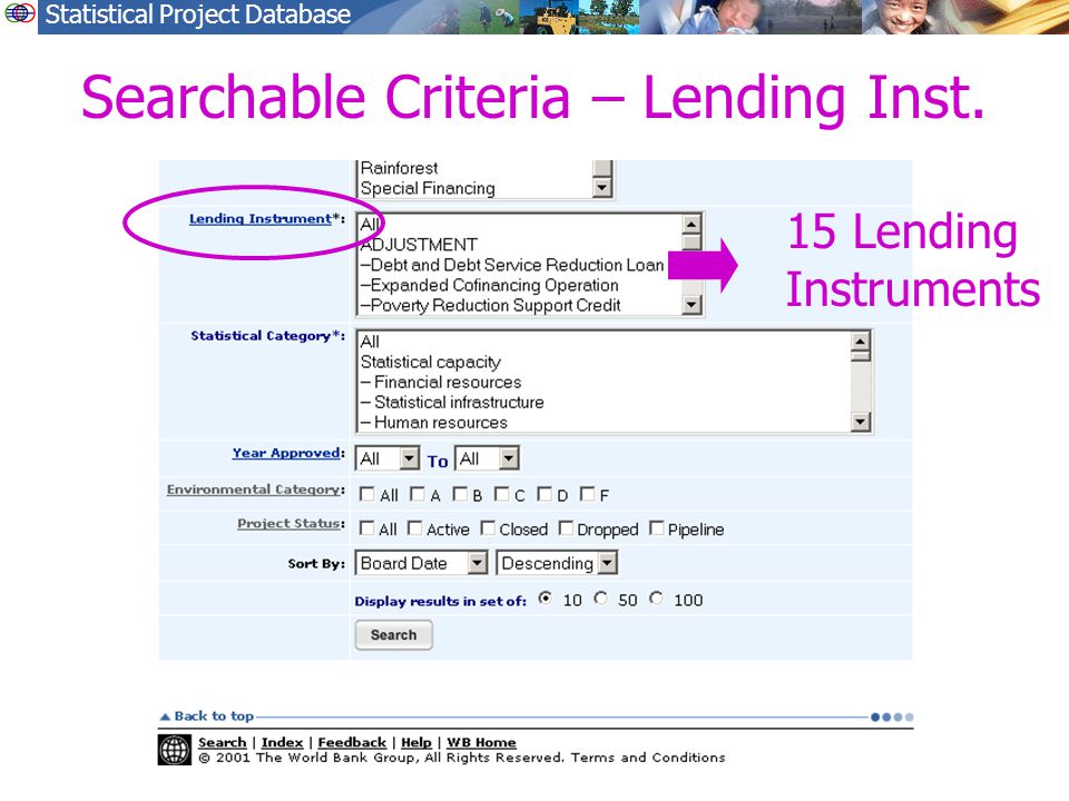 Statistical Project Database Searchable Criteria – Lending Inst. 15 Lending Instruments