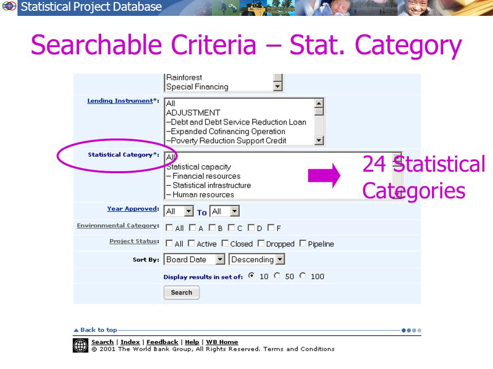 Statistical Project Database Searchable Criteria – Stat. Category 24 Statistical Categories
