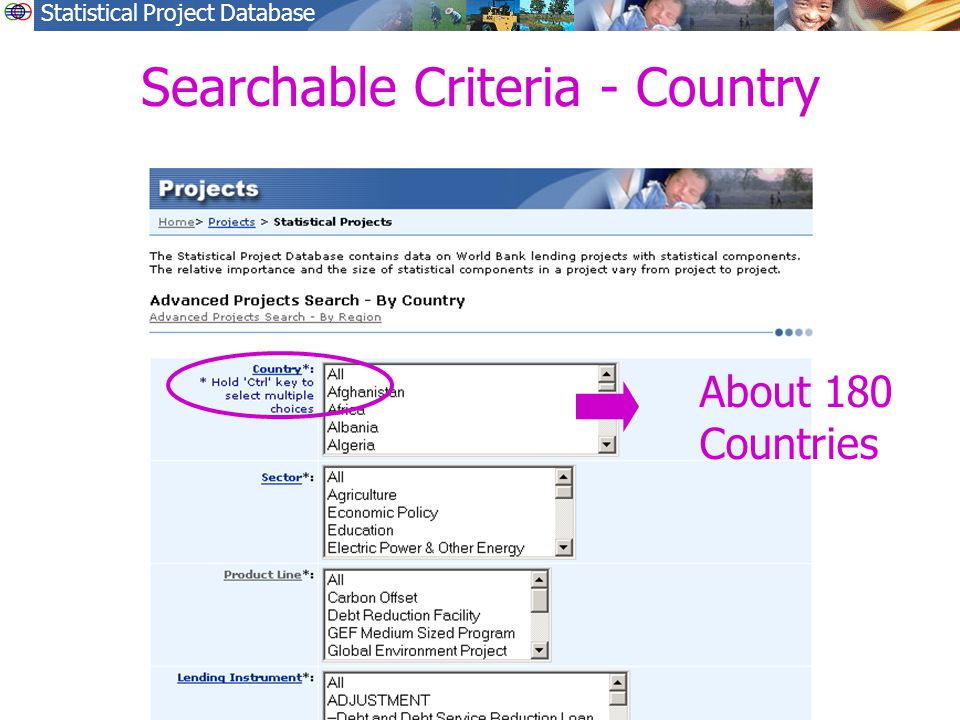 Statistical Project Database Searchable Criteria - Country About 180 Countries