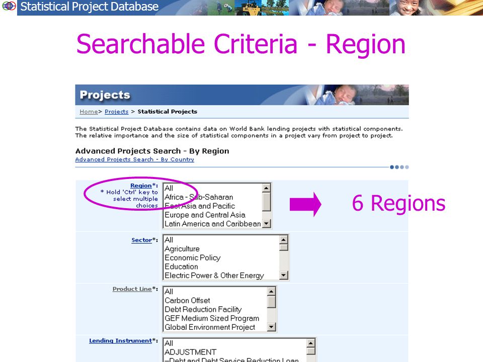 Statistical Project Database Searchable Criteria - Region 6 Regions