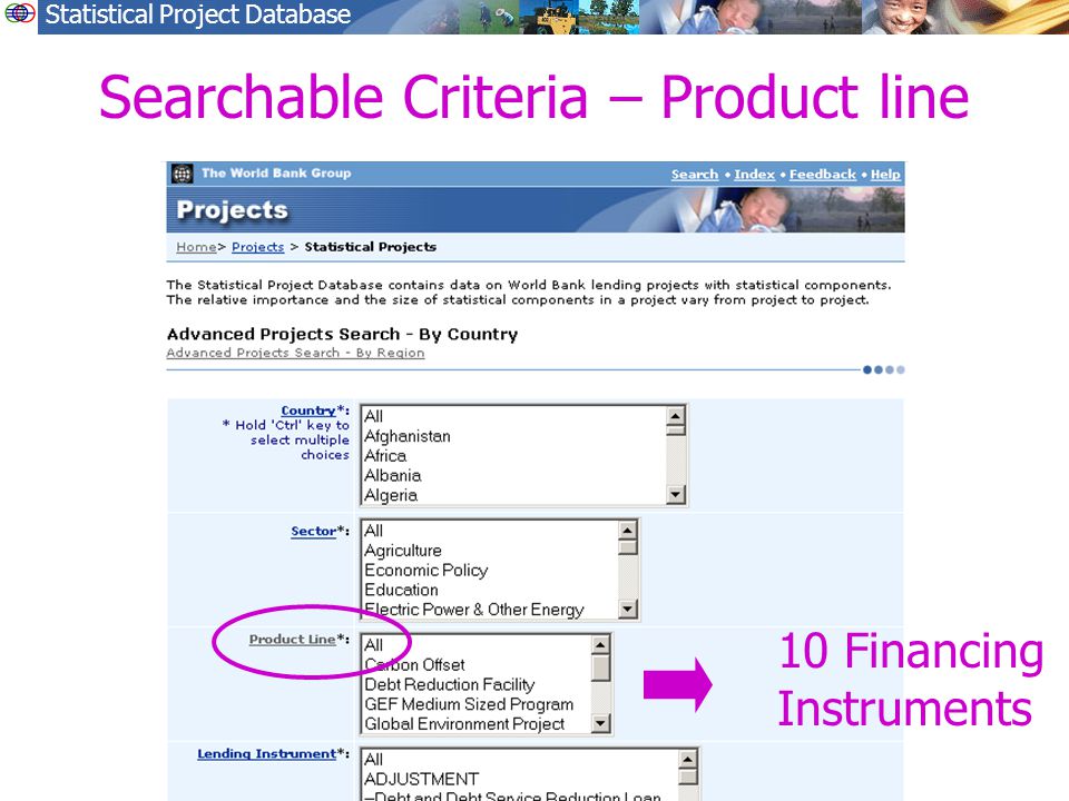 Statistical Project Database Searchable Criteria – Product line 10 Financing Instruments