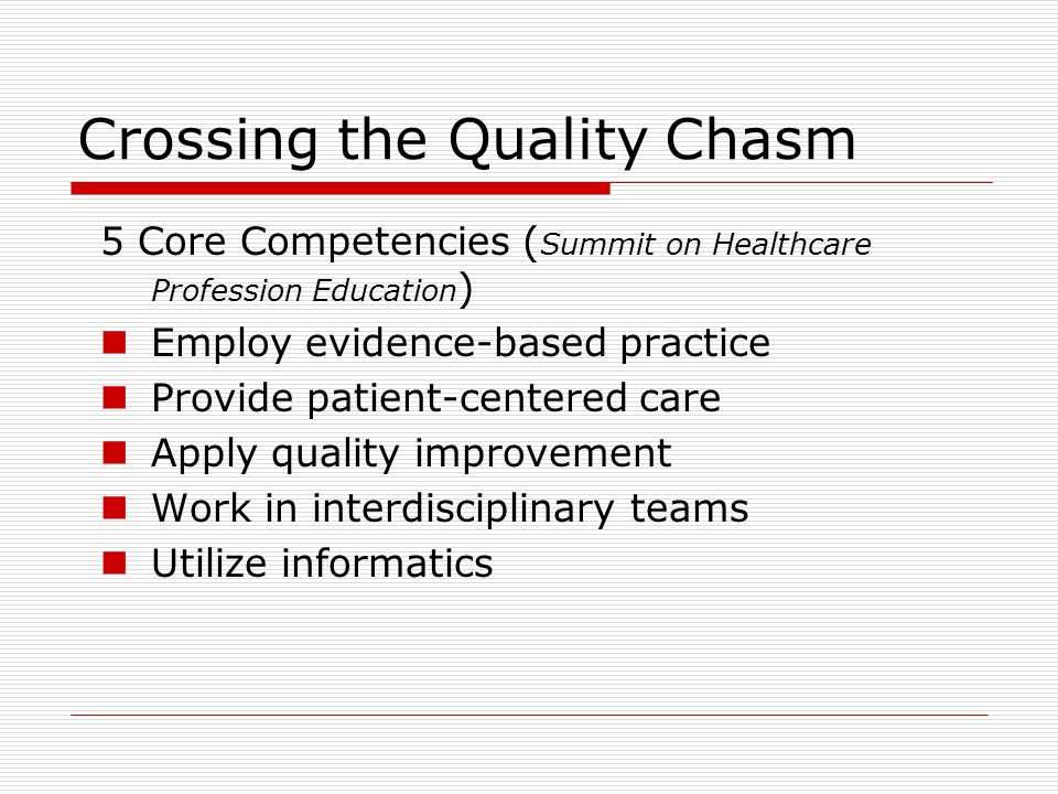 Crossing the Quality Chasm 5 Core Competencies ( Summit on Healthcare Profession Education ) Employ evidence-based practice Provide patient-centered care Apply quality improvement Work in interdisciplinary teams Utilize informatics