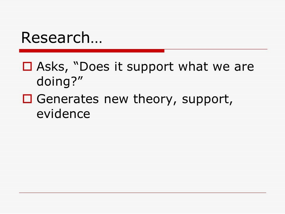 Research…  Asks, Does it support what we are doing  Generates new theory, support, evidence