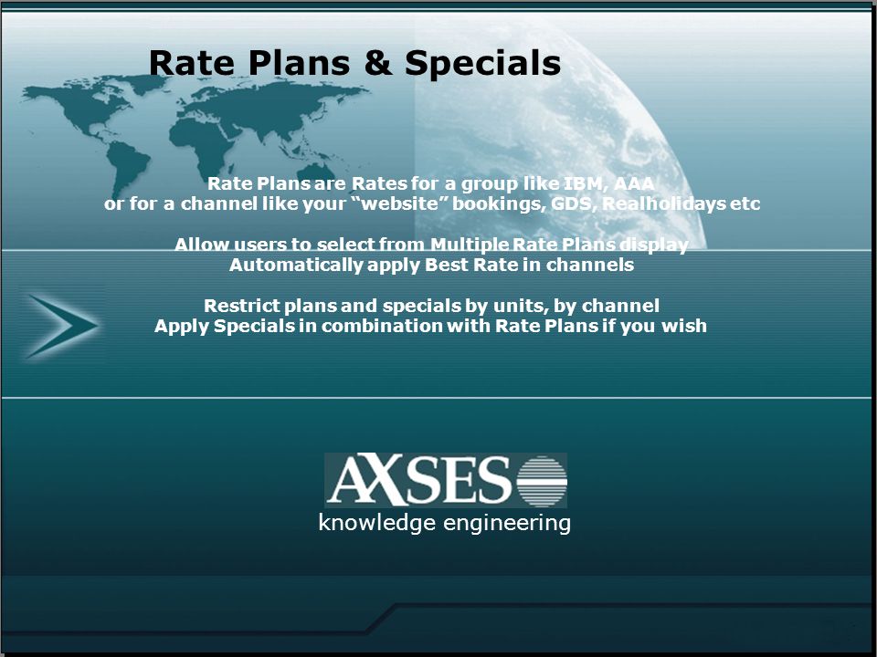 Rate Plans are Rates for a group like IBM, AAA or for a channel like your website bookings, GDS, Realholidays etc Allow users to select from Multiple Rate Plans display Automatically apply Best Rate in channels Restrict plans and specials by units, by channel Apply Specials in combination with Rate Plans if you wish knowledge engineering Rate Plans & Specials