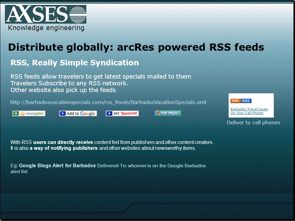Knowledge engineering Distribute globally: arcRes powered RSS feeds RSS, Really Simple Syndication RSS feeds allow travelers to get latest specials mailed to them Travelers Subscribe to any RSS network.