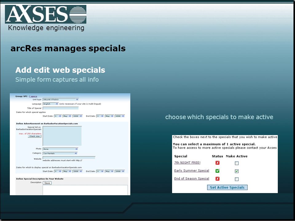 arcRes manages specials Knowledge engineering choose which specials to make active Add edit web specials Simple form captures all info