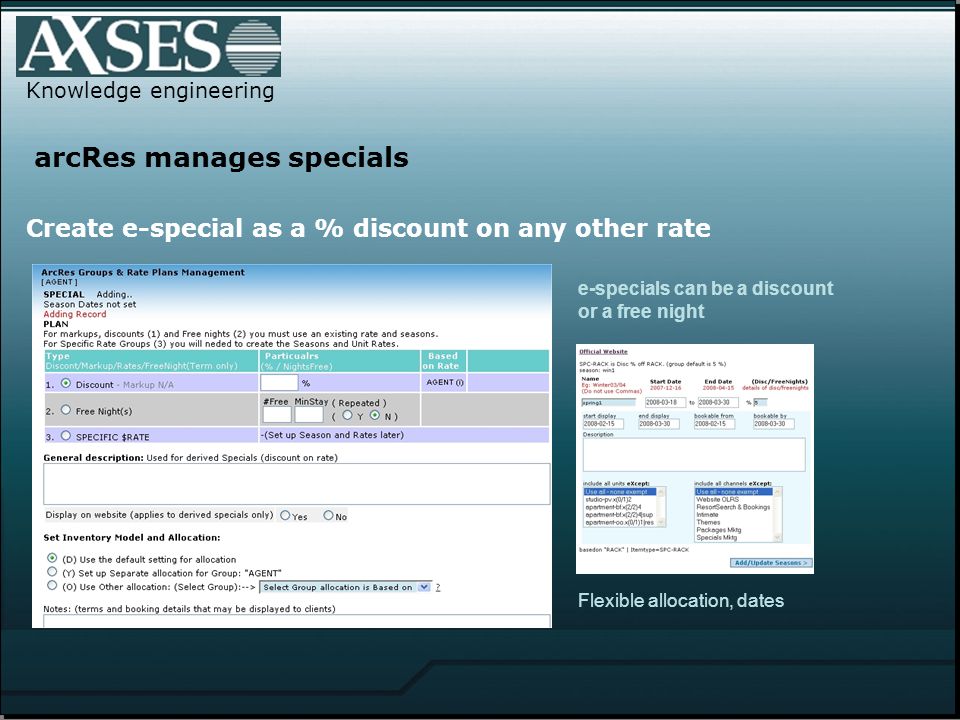 arcRes manages specials Knowledge engineering Create e-special as a % discount on any other rate e-specials can be a discount or a free night Flexible allocation, dates