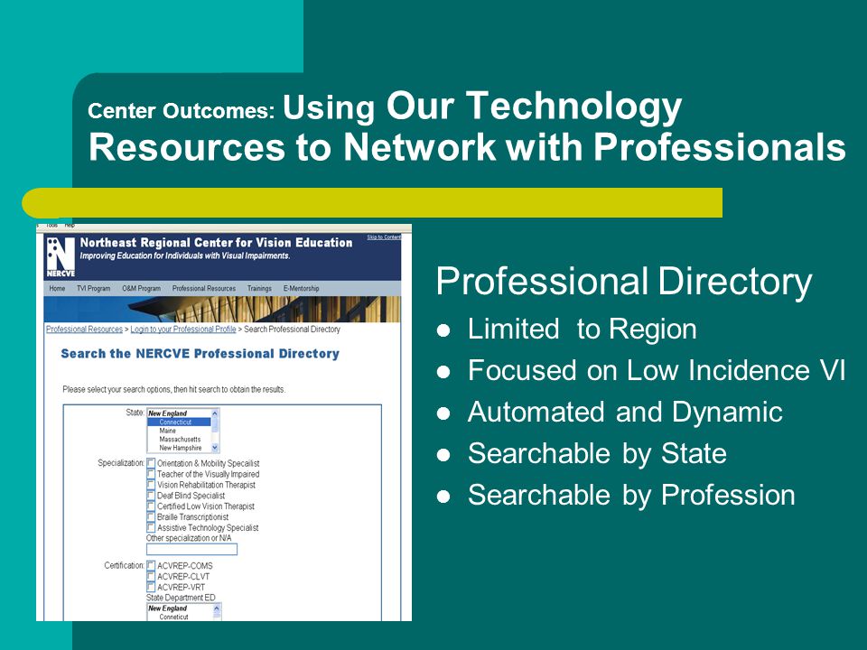 Center Outcomes: Using Our Technology Resources to Network with Professionals Professional Directory Limited to Region Focused on Low Incidence VI Automated and Dynamic Searchable by State Searchable by Profession