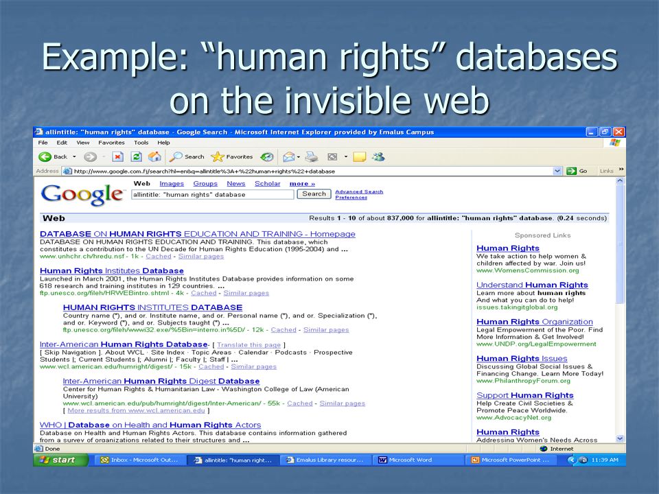 Example: human rights databases on the invisible web