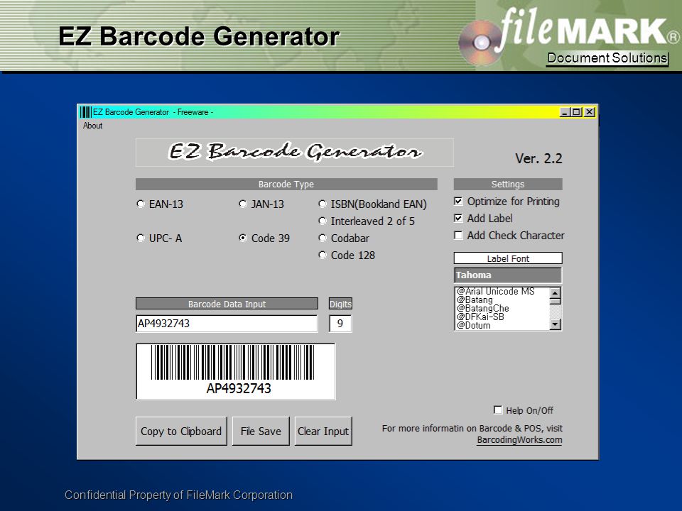 Document Solutions Document Solutions Confidential Property of FileMark Corporation EZ Barcode Generator