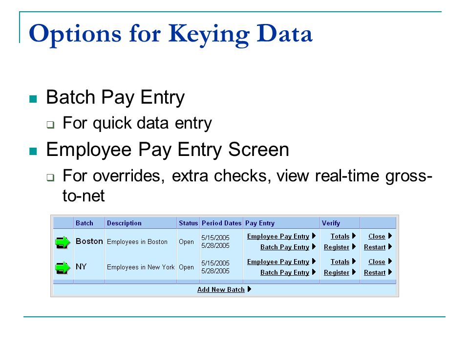 Options for Keying Data Batch Pay Entry  For quick data entry Employee Pay Entry Screen  For overrides, extra checks, view real-time gross- to-net