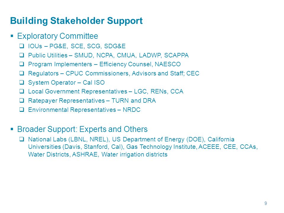 Building Stakeholder Support  Exploratory Committee  IOUs – PG&E, SCE, SCG, SDG&E  Public Utilities – SMUD, NCPA, CMUA, LADWP, SCAPPA  Program Implementers – Efficiency Counsel, NAESCO  Regulators – CPUC Commissioners, Advisors and Staff; CEC  System Operator – Cal ISO  Local Government Representatives – LGC, RENs, CCA  Ratepayer Representatives – TURN and DRA  Environmental Representatives – NRDC  Broader Support: Experts and Others  National Labs (LBNL, NREL), US Department of Energy (DOE), California Universities (Davis, Stanford, Cal), Gas Technology Institute, ACEEE, CEE, CCAs, Water Districts, ASHRAE, Water irrigation districts 9