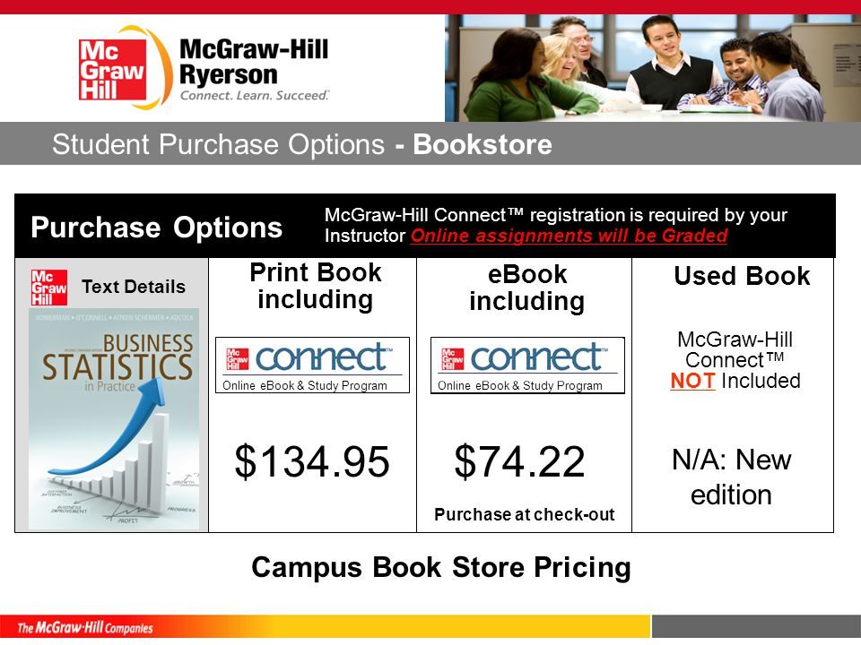 Student Purchase Options - Bookstore Campus Book Store Pricing Online eBook & Study Program Print Book including Author, Title, Edition Text Details eBook including Purchase at check-out Used Book Online eBook & Study Program McGraw-Hill Connect™ NOT Included Add text image and details above $134.95$74.22 N/A: New edition McGraw-Hill Connect™ registration is required by your Instructor Online assignments will be Graded Purchase Options