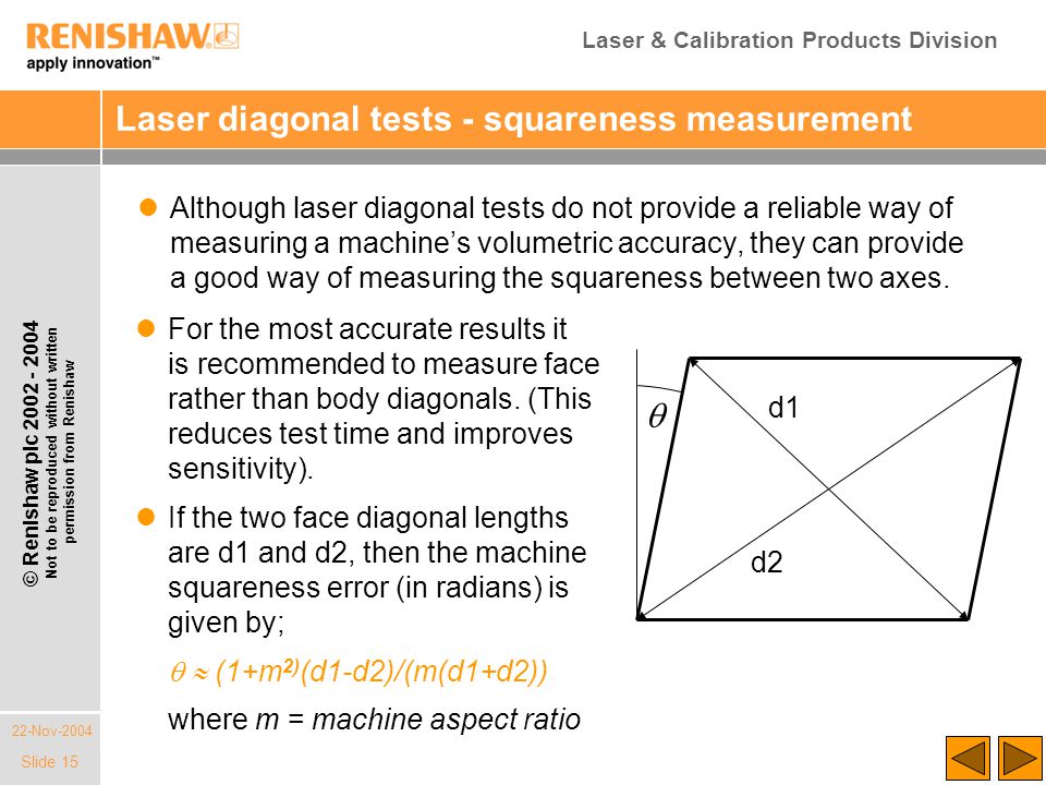 Laser & Calibration Products Division 22-Nov-2004 © Renishaw plc Not to be reproduced without written permission from Renishaw Slide 15 Laser diagonal tests - squareness measurement Although laser diagonal tests do not provide a reliable way of measuring a machine’s volumetric accuracy, they can provide a good way of measuring the squareness between two axes.