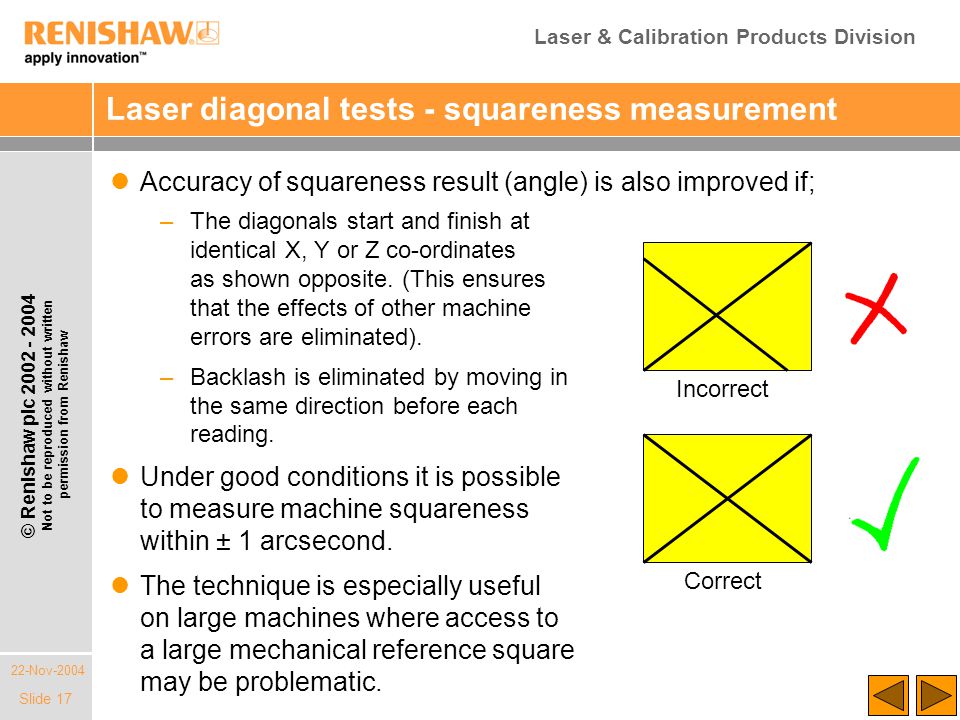 Laser & Calibration Products Division 22-Nov-2004 © Renishaw plc Not to be reproduced without written permission from Renishaw Slide 17 Laser diagonal tests - squareness measurement –The diagonals start and finish at identical X, Y or Z co-ordinates as shown opposite.