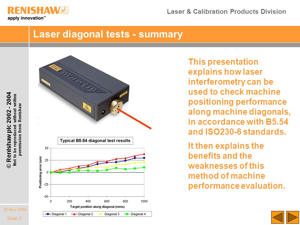 Laser & Calibration Products Division 22-Nov-2004 © Renishaw plc Not to be reproduced without written permission from Renishaw Slide 2 Laser diagonal tests - summary This presentation explains how laser interferometry can be used to check machine positioning performance along machine diagonals, in accordance with B5.54 and ISO230-6 standards.