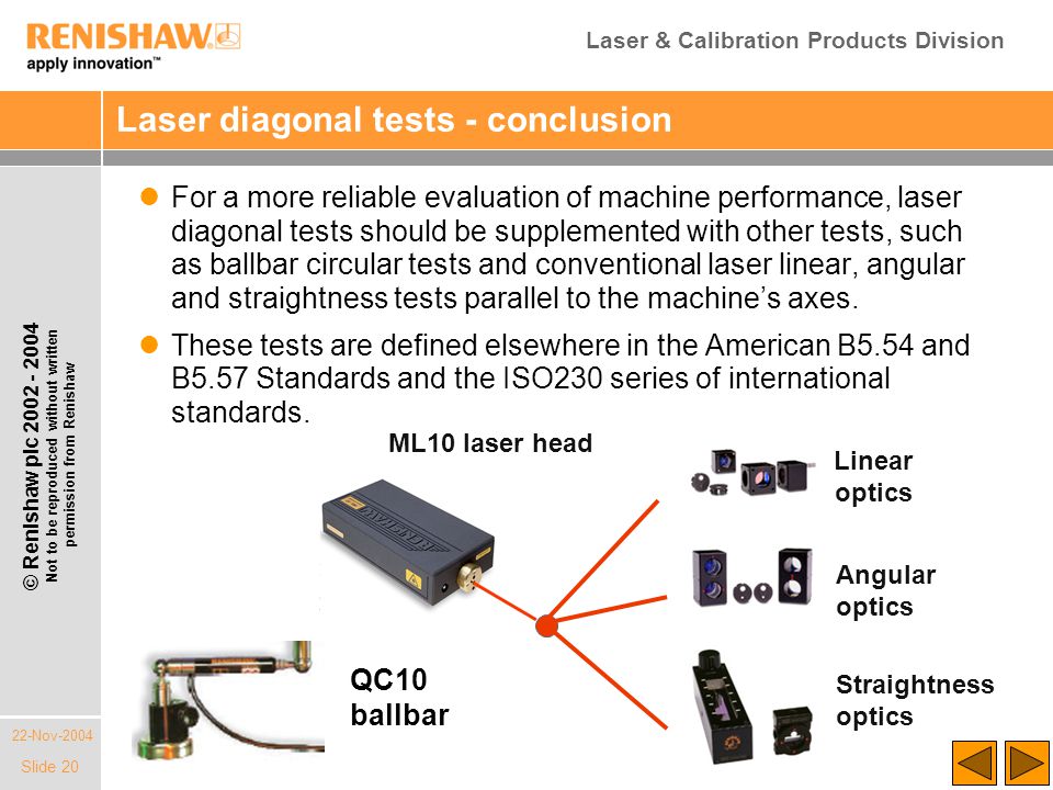 Laser & Calibration Products Division 22-Nov-2004 © Renishaw plc Not to be reproduced without written permission from Renishaw Slide 20 Laser diagonal tests - conclusion For a more reliable evaluation of machine performance, laser diagonal tests should be supplemented with other tests, such as ballbar circular tests and conventional laser linear, angular and straightness tests parallel to the machine’s axes.