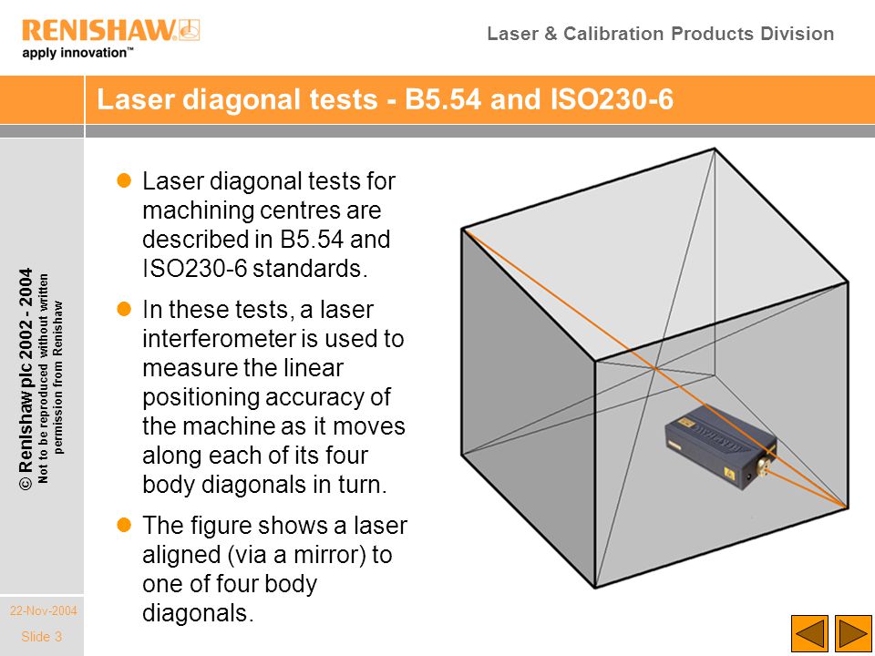 Laser & Calibration Products Division 22-Nov-2004 © Renishaw plc Not to be reproduced without written permission from Renishaw Slide 3 Laser diagonal tests - B5.54 and ISO230-6 Laser diagonal tests for machining centres are described in B5.54 and ISO230-6 standards.