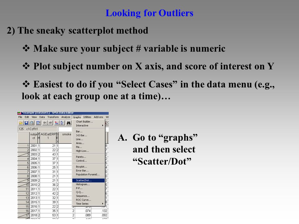 Looking for Outliers 2) The sneaky scatterplot method  Make sure your subject # variable is numeric  Plot subject number on X axis, and score of interest on Y  Easiest to do if you Select Cases in the data menu (e.g., look at each group one at a time)… A.Go to graphs and then select Scatter/Dot