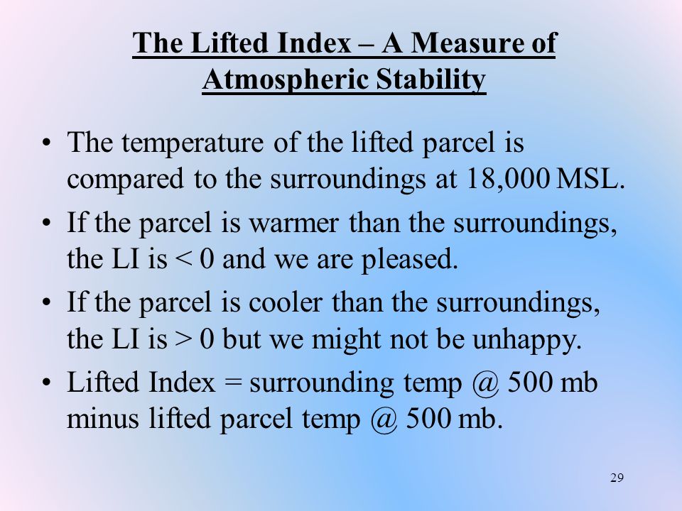 29 The Lifted Index – A Measure of Atmospheric Stability The temperature of the lifted parcel is compared to the surroundings at 18,000 MSL.