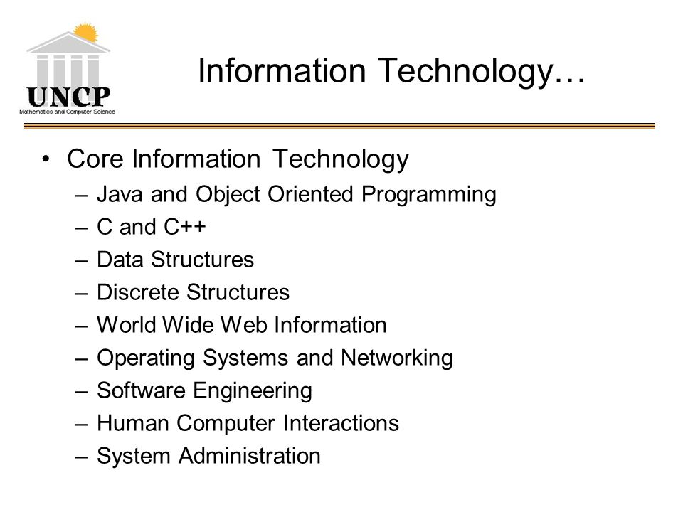 Information Technology… Core Information Technology –Java and Object Oriented Programming –C and C++ –Data Structures –Discrete Structures –World Wide Web Information –Operating Systems and Networking –Software Engineering –Human Computer Interactions –System Administration