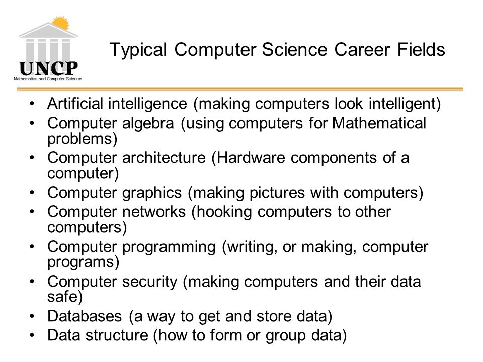 Typical Computer Science Career Fields Artificial intelligence (making computers look intelligent) Computer algebra (using computers for Mathematical problems) Computer architecture (Hardware components of a computer) Computer graphics (making pictures with computers) Computer networks (hooking computers to other computers) Computer programming (writing, or making, computer programs) Computer security (making computers and their data safe) Databases (a way to get and store data) Data structure (how to form or group data)