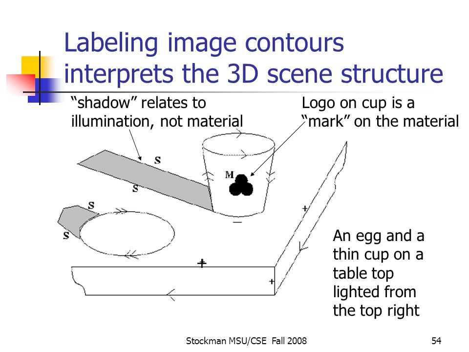 Stockman MSU/CSE Fall Labeling image contours interprets the 3D scene structure + An egg and a thin cup on a table top lighted from the top right Logo on cup is a mark on the material shadow relates to illumination, not material
