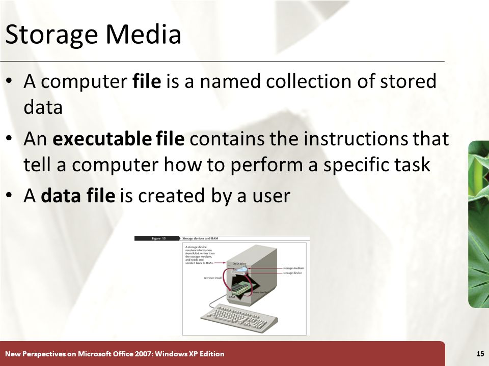 XP New Perspectives on Microsoft Office 2007: Windows XP Edition15 Storage Media A computer file is a named collection of stored data An executable file contains the instructions that tell a computer how to perform a specific task A data file is created by a user