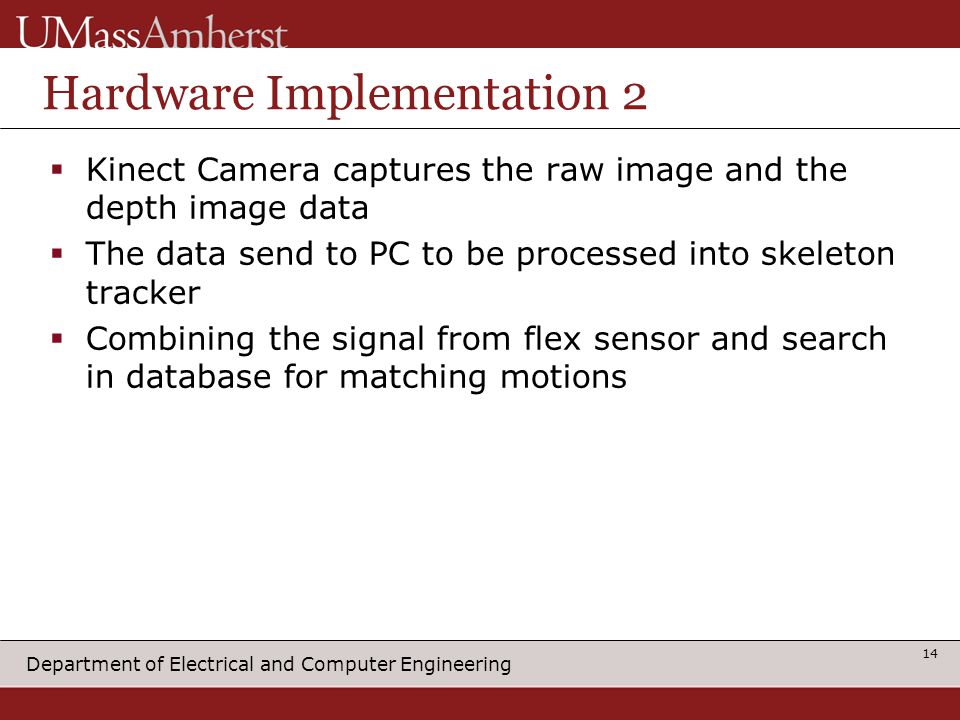 Department of Electrical and Computer Engineering Hardware Implementation 2  Kinect Camera captures the raw image and the depth image data  The data send to PC to be processed into skeleton tracker  Combining the signal from flex sensor and search in database for matching motions 14
