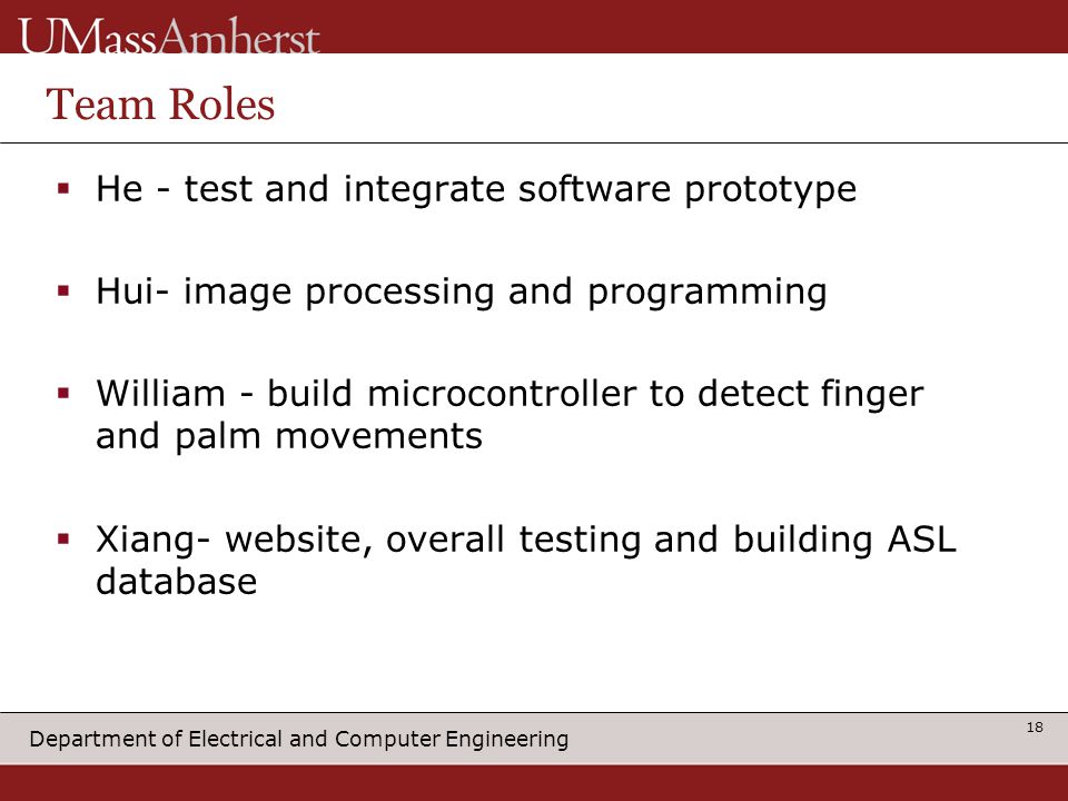 Department of Electrical and Computer Engineering Team Roles  He - test and integrate software prototype  Hui- image processing and programming  William - build microcontroller to detect finger and palm movements  Xiang- website, overall testing and building ASL database 18