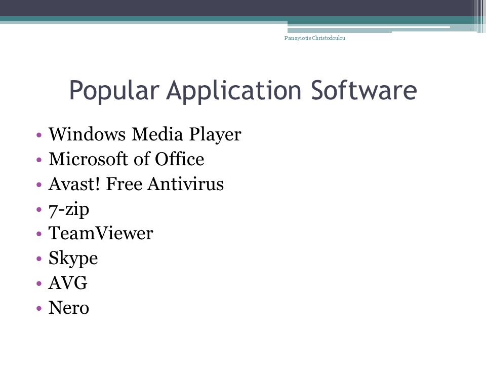 Popular Application Software Windows Media Player Microsoft of Office Avast.