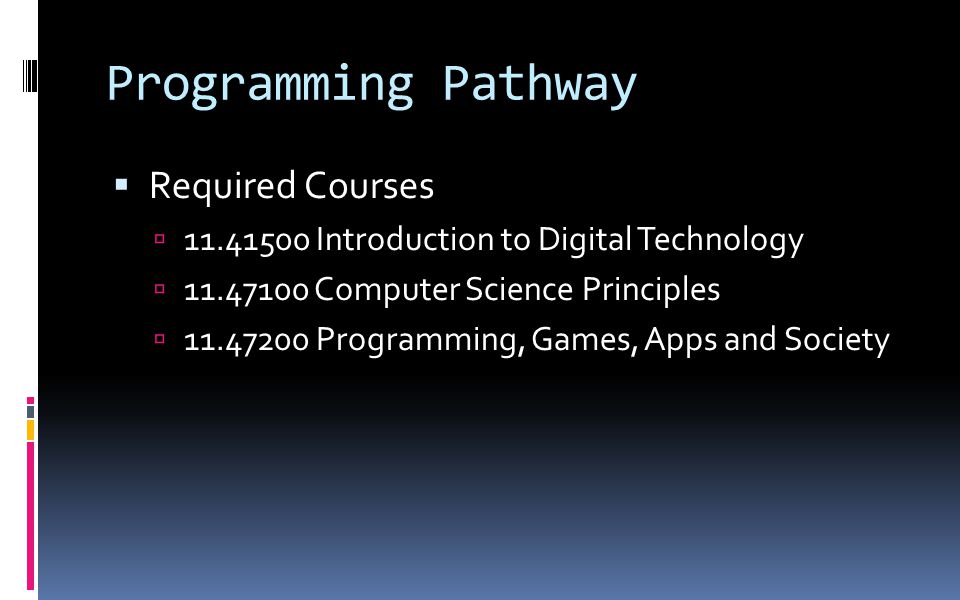 Programming Pathway  Required Courses  Introduction to Digital Technology  Computer Science Principles  Programming, Games, Apps and Society