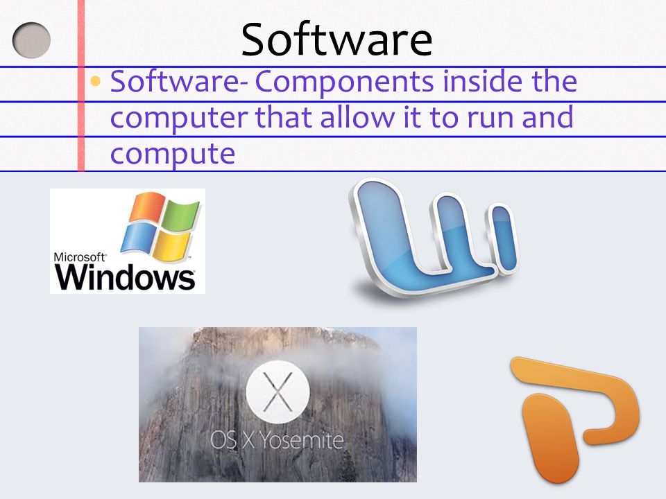 Software Software- Components inside the computer that allow it to run and compute