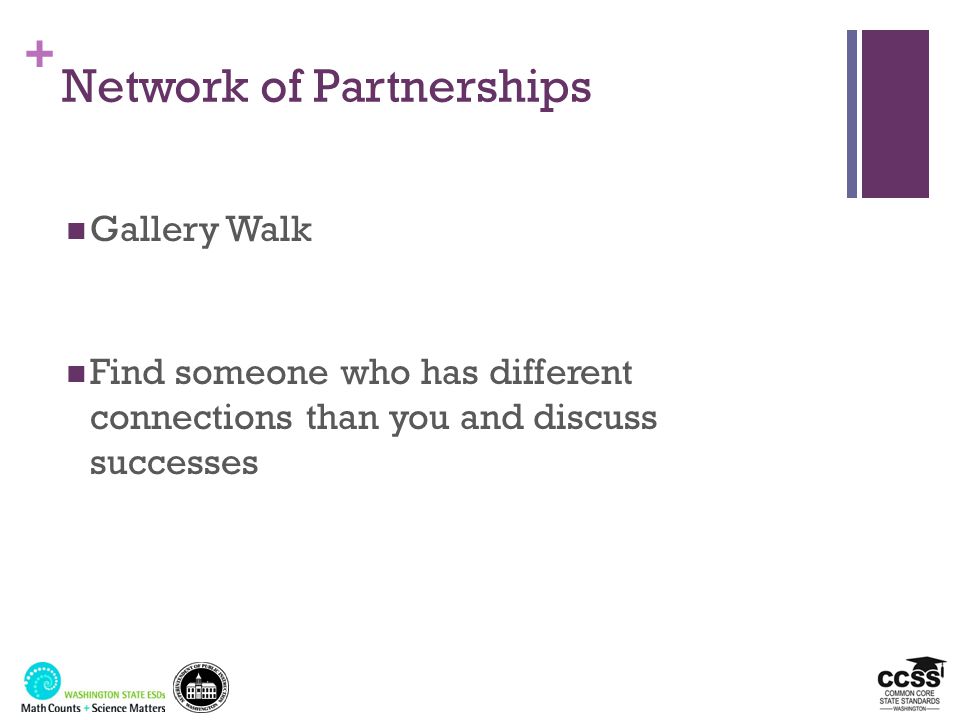 + Network of Partnerships Gallery Walk Find someone who has different connections than you and discuss successes