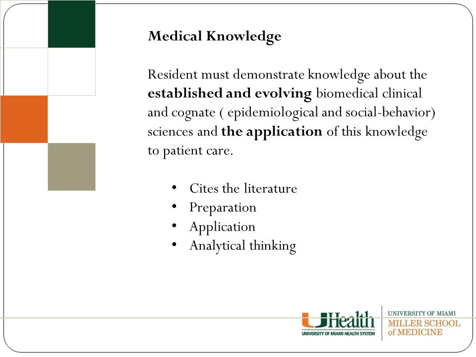 Medical Knowledge Resident must demonstrate knowledge about the established and evolving biomedical clinical and cognate ( epidemiological and social-behavior) sciences and the application of this knowledge to patient care.