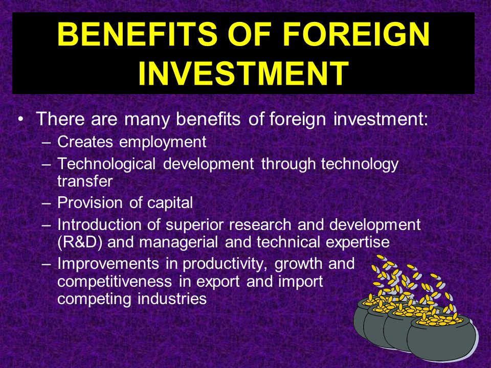 16 There are many benefits of foreign investment: –Creates employment –Technological development through technology transfer –Provision of capital –Introduction of superior research and development (R&D) and managerial and technical expertise –Improvements in productivity, growth and competitiveness in export and import competing industries BENEFITS OF FOREIGN INVESTMENT