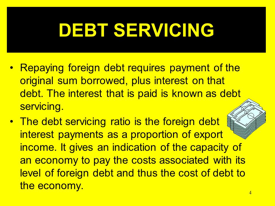 4 Repaying foreign debt requires payment of the original sum borrowed, plus interest on that debt.