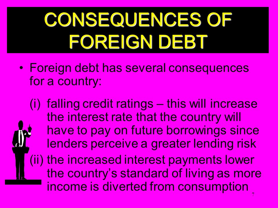 7 Foreign debt has several consequences for a country: (i)falling credit ratings – this will increase the interest rate that the country will have to pay on future borrowings since lenders perceive a greater lending risk (ii)the increased interest payments lower the country’s standard of living as more income is diverted from consumption CONSEQUENCES OF FOREIGN DEBT