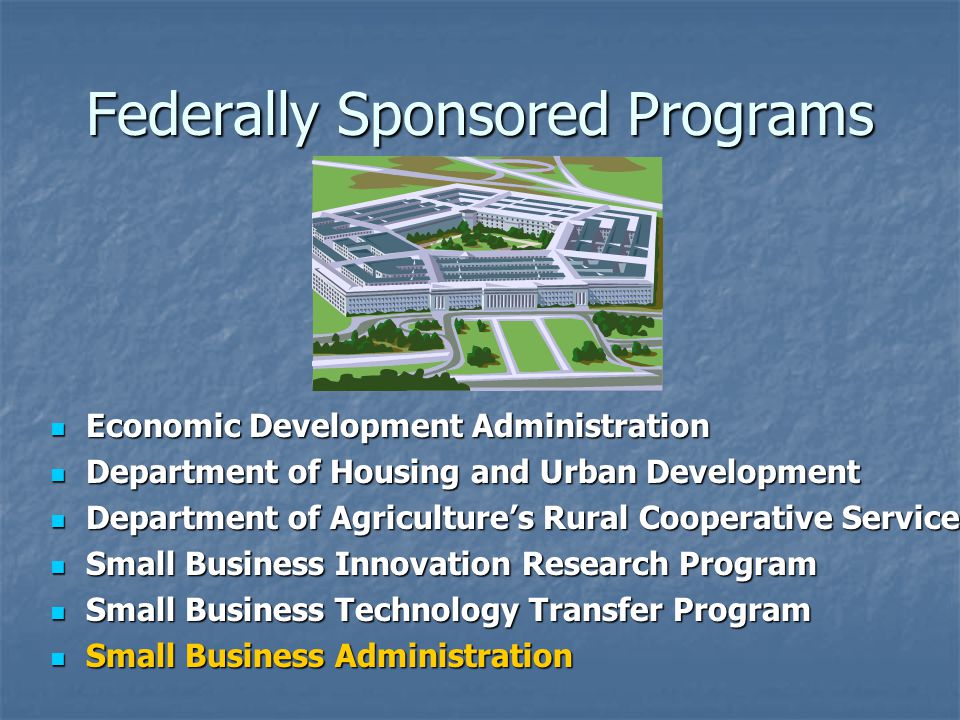 Federally Sponsored Programs Economic Development Administration Economic Development Administration Department of Housing and Urban Development Department of Housing and Urban Development Department of Agriculture’s Rural Cooperative Service Department of Agriculture’s Rural Cooperative Service Small Business Innovation Research Program Small Business Innovation Research Program Small Business Technology Transfer Program Small Business Technology Transfer Program Small Business Administration Small Business Administration