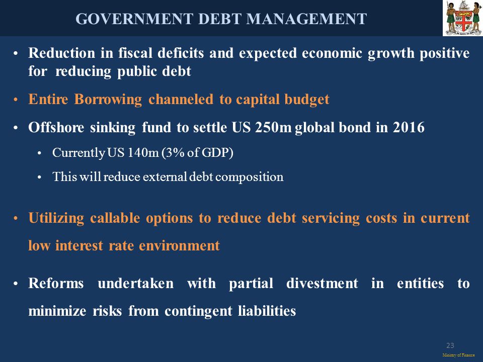GOVERNMENT DEBT MANAGEMENT Ministry of Finance Reduction in fiscal deficits and expected economic growth positive for reducing public debt Entire Borrowing channeled to capital budget Offshore sinking fund to settle US 250m global bond in 2016 Currently US 140m (3% of GDP) This will reduce external debt composition Utilizing callable options to reduce debt servicing costs in current low interest rate environment Reforms undertaken with partial divestment in entities to minimize risks from contingent liabilities 23